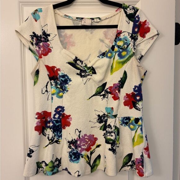 ANTHROPOLOGIE POSTMARK Floral Mignon Peplum Top White Women’s Size Large - Picture 2 of 7